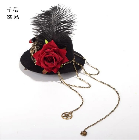 Accessories - New! Steampunk Lolita Vintage Gear Feather Mini Top Hat Hairpin